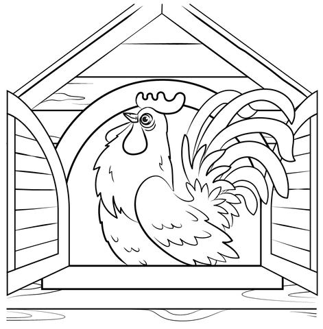 Cockerel At The Barn Window Coloring Page